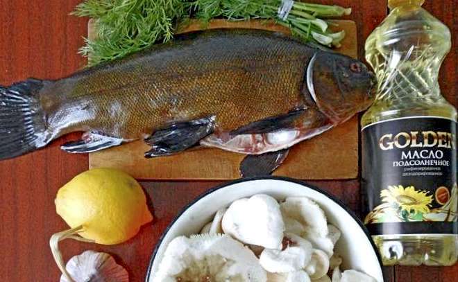 Линь, фаршированный грибами, в фольге